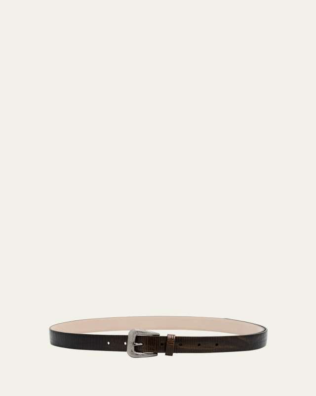 Lizard-Effect Leather Buckle Western Belt